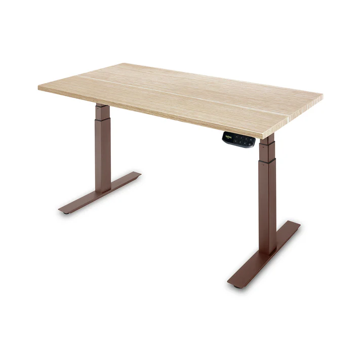 BronzeBirch UpDown Pro+ electric sit stand desk with birch melamine top and bronze frame.