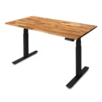 UpDown Pro Electric Sit Stand Desk with Acacia top and Black frame.