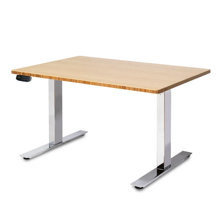 PP-C_120Bamboo UpDown Pro+ sit stand desk, 1200mm with bamboo top and chrome frame.