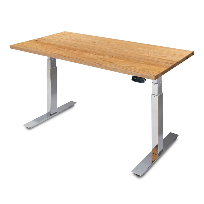 PP-C_150NatOak UpDown Pro+ sit stand desk with chrome frame and white oak top.