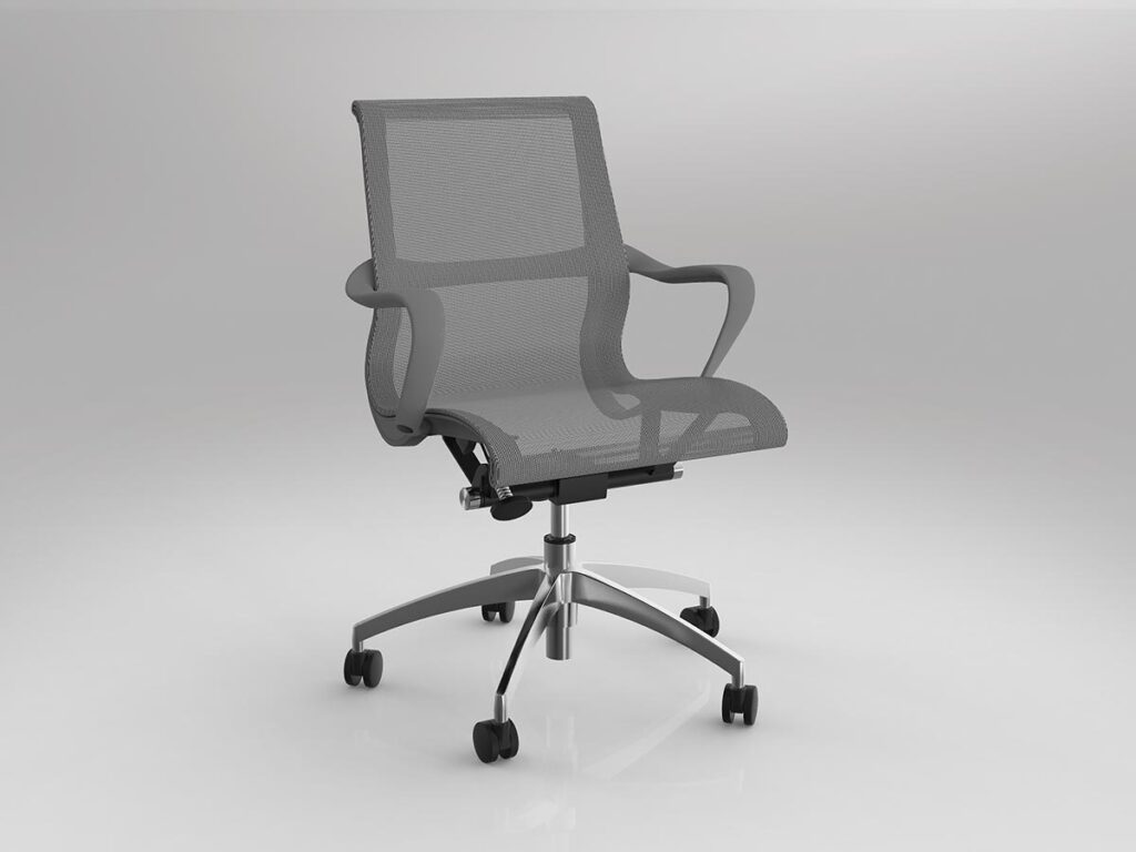 Scroll chair in grey with chrome base.