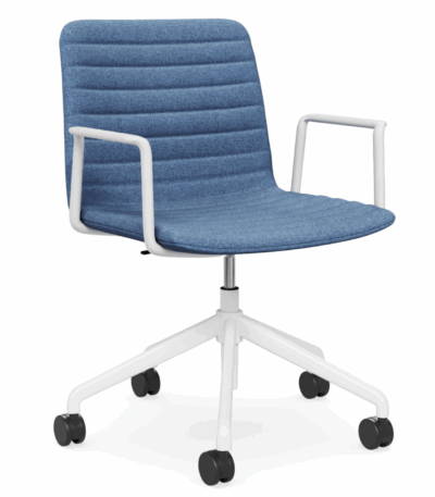 Nikola swivel chiar in blue with white frame and arms.