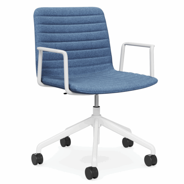 Nikola swivel chiar in blue with white frame and arms.