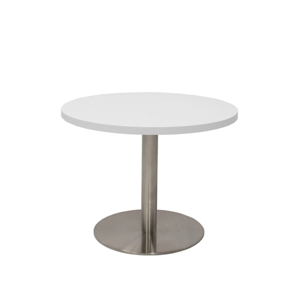 Estillo coffee table with white top and stainless steel base.