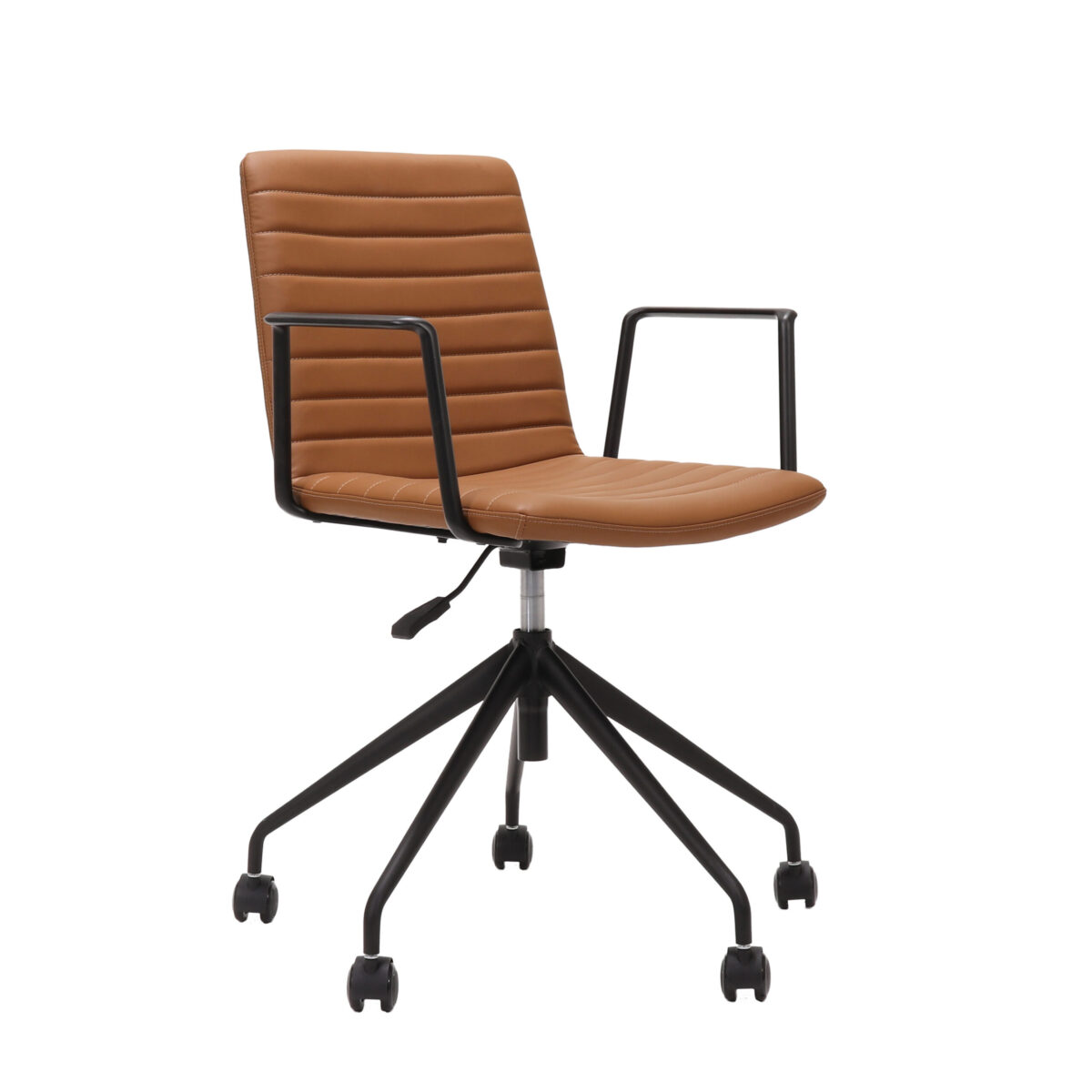 Pixel swivel chair in amber with black frame and arms.