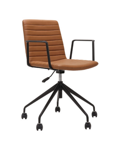 Pixel swivel chair in amber with black frame and arms.