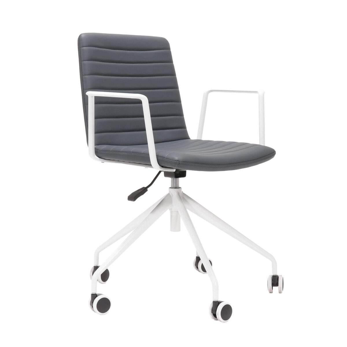 Pixel swivel chair in navy with white frame and arms.