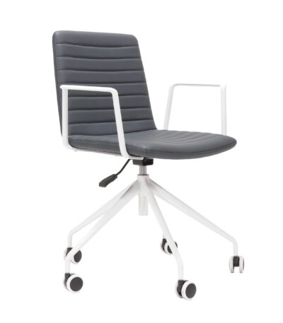 Pixel swivel chair in navy with white frame and arms.