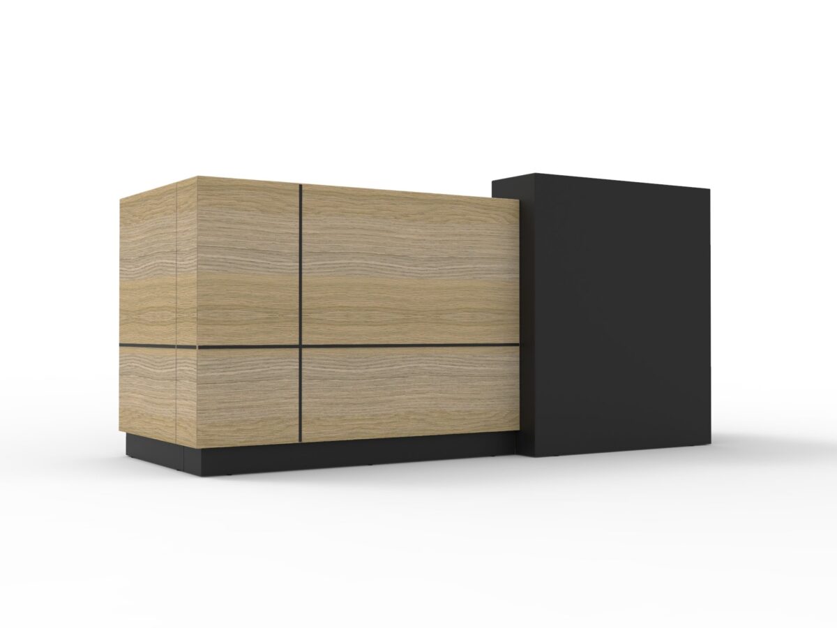 Sempre reception counter in natural oak and black.
