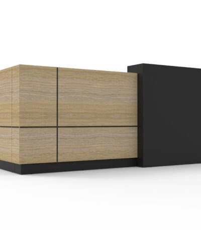 Sempre reception counter in natural oak and black.