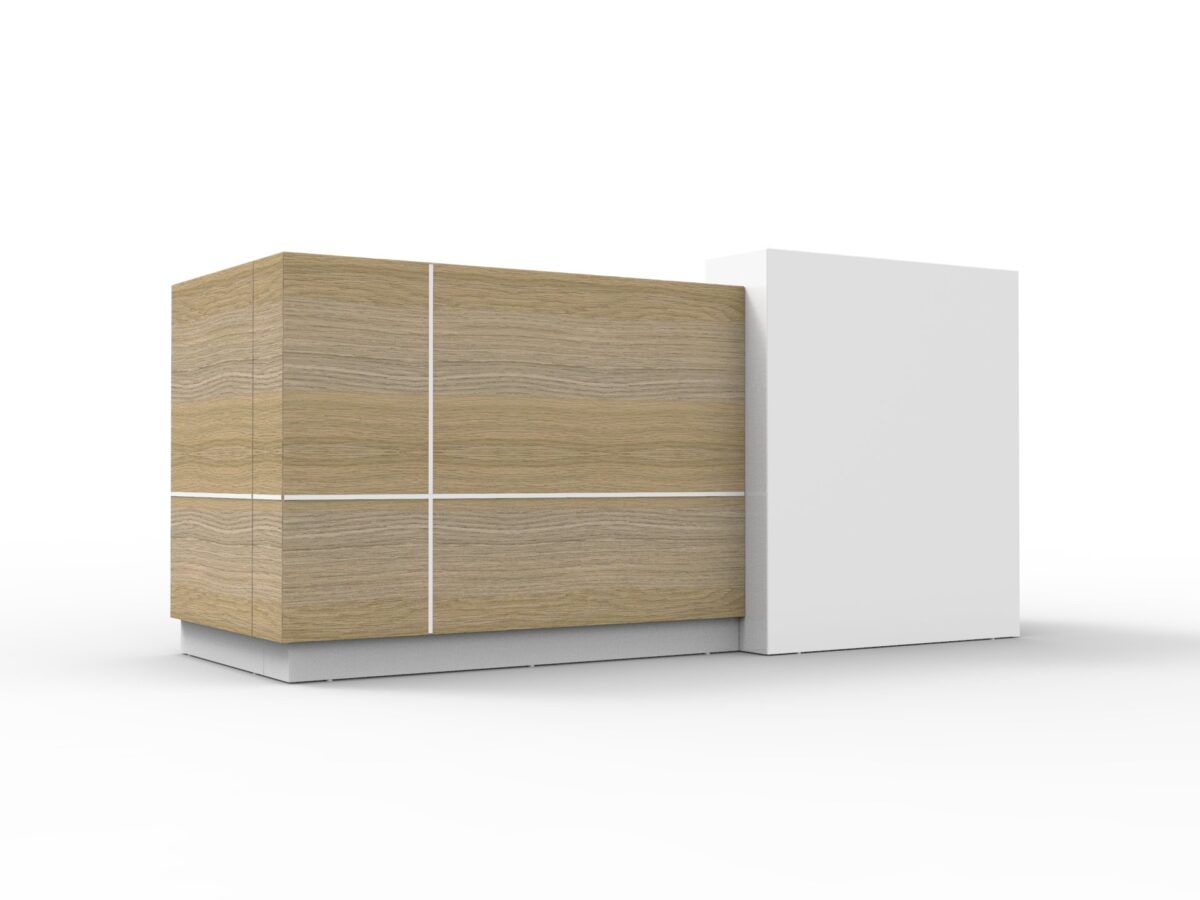 Sempre reception counter in natural oak and white.