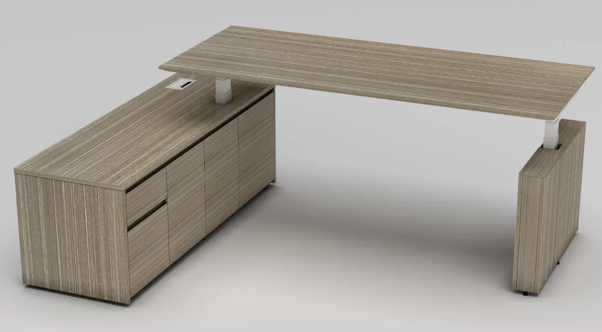 Kingston desk in tawnyline with lefthand return.