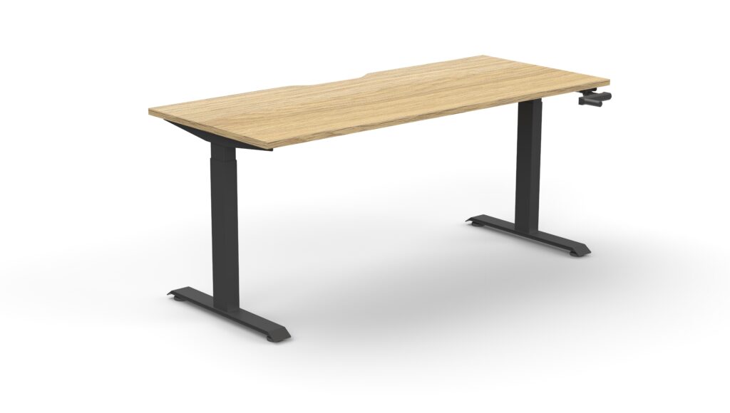 Boost Crank desk with oak top and black frame.
