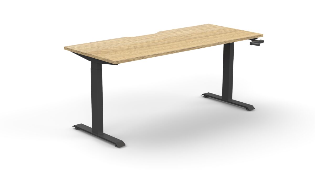 Boost Crank desk with oak top and black frame.