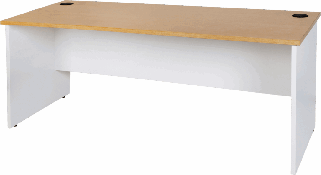 Logan slab end desk in oak and white.