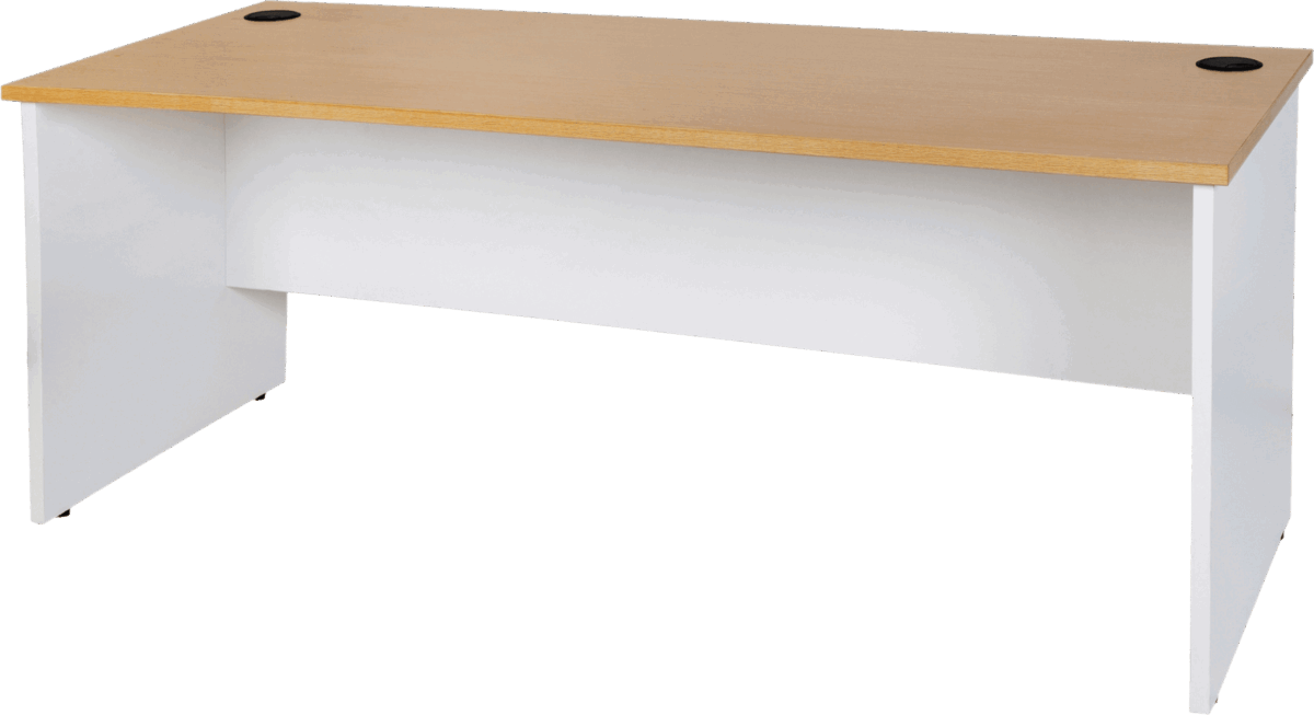 Logan slab end desk in oak and white.