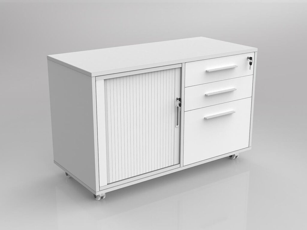 Axis mobile caddy with tambour and drawer insert.