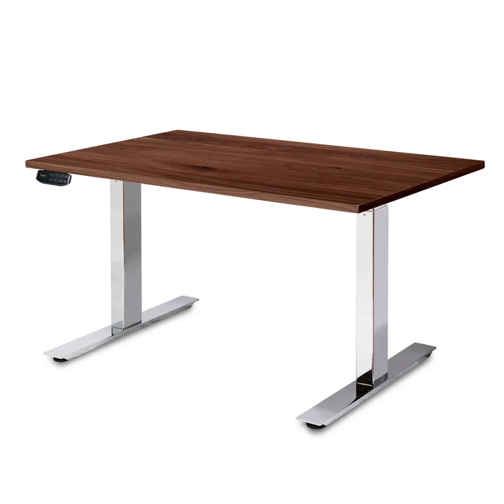 PP-C_120Walnut UpDown Pro+ sit stand desk, 1200mm with chrome frame and walnut top.