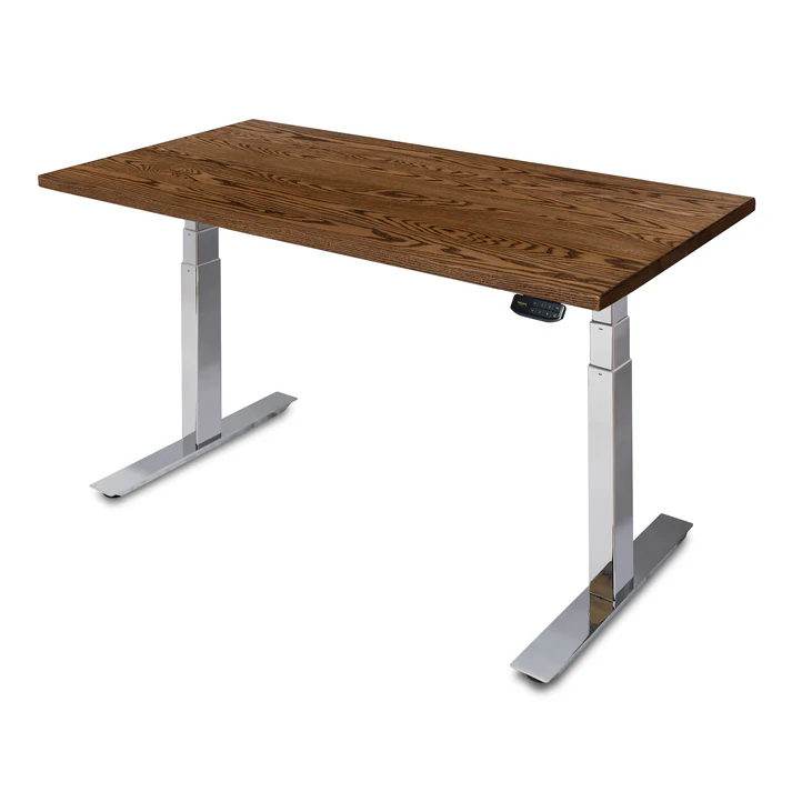 PP-C_150DarkAmOak UpDown Pro+ sit stand desk, 1500mm with chrome frame and dark American oak top.