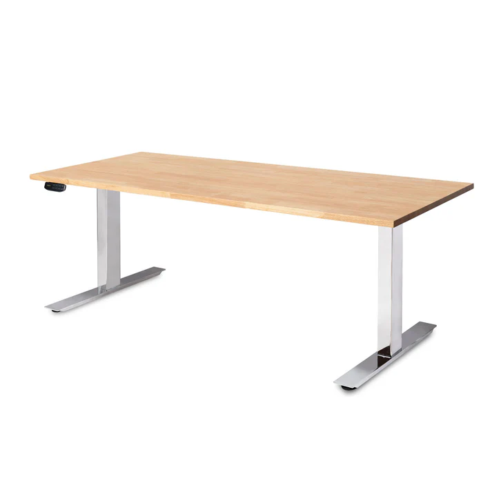 PP-C_180NatRub UpDown Pro+ sit stand desk, 1800mm with chrome frame and natural rubberwood top.