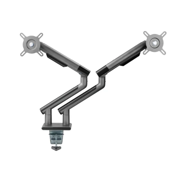 Slim dual monitor arm in space grey.