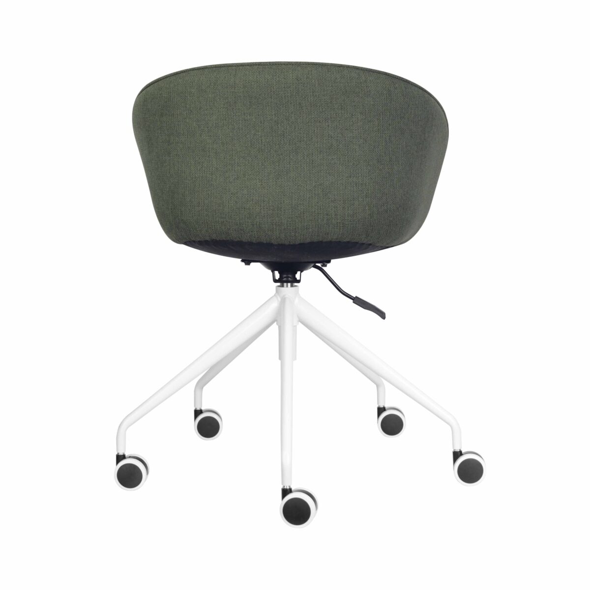 Rear view of Pixel tub chair in olive with white base.