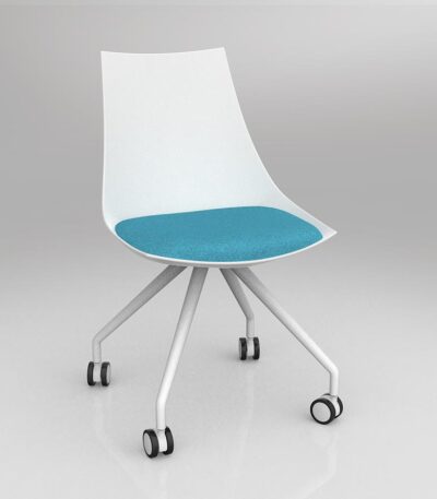 Luna meeting chair with white shell and ice blue seat.