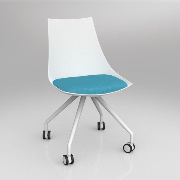 Luna meeting chair with white shell and ice blue seat.