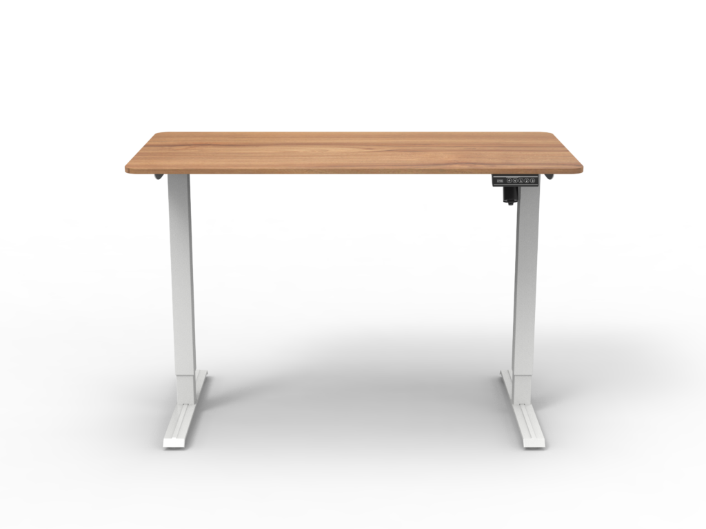 Koto desk with white frame and light walnut top.