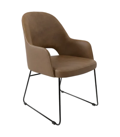 New Orleans Bourbon armchair in mocha suede with sled base.