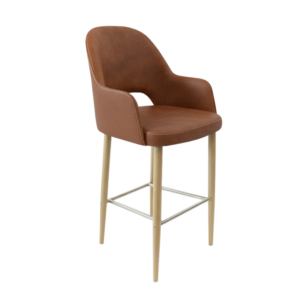 New Orleans Boubon bar stool in tan suede with oak legs.