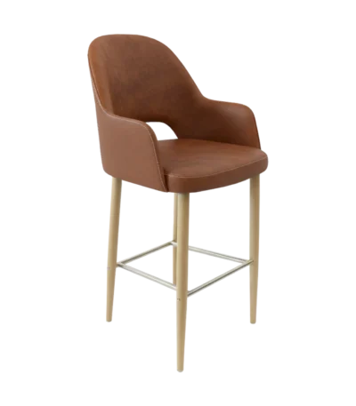 New Orleans Boubon bar stool in tan suede with oak legs.