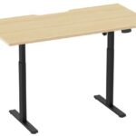 EED-522D sit stand desk with black frame and oak top.