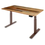 UpDown Pro+ sit stand electric desk in rustic scatter with bronze frame.