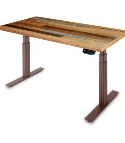 UpDown Pro+ sit stand electric desk in rustic scatter with bronze frame.