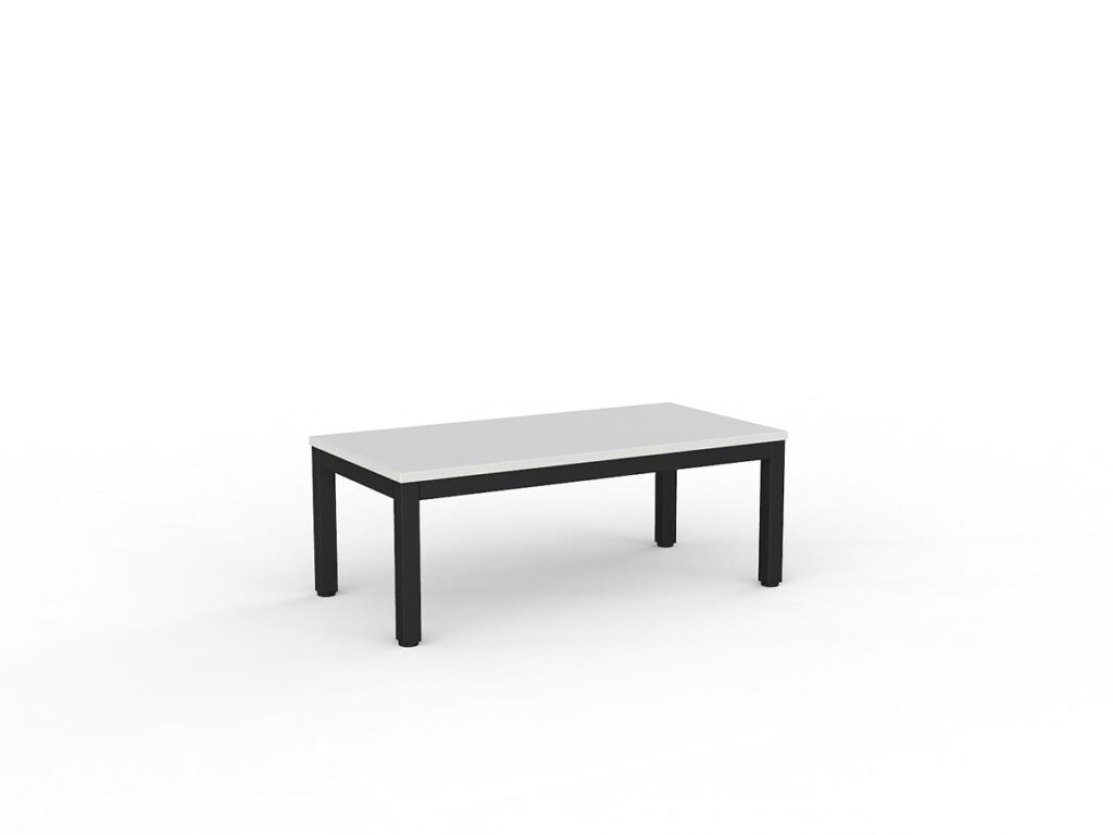 Axis 1200mm coffee table with white melamine top and black legs.