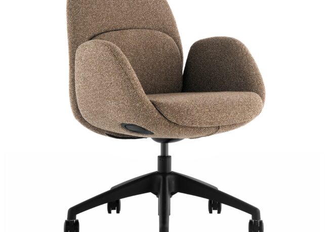 Fern boardroom chair in sandstone with black base.