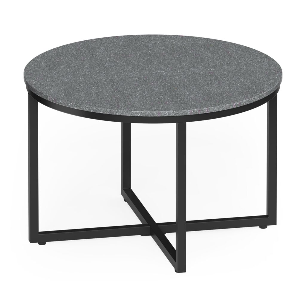 Sora orbit coffee table in pebblecrete grey.