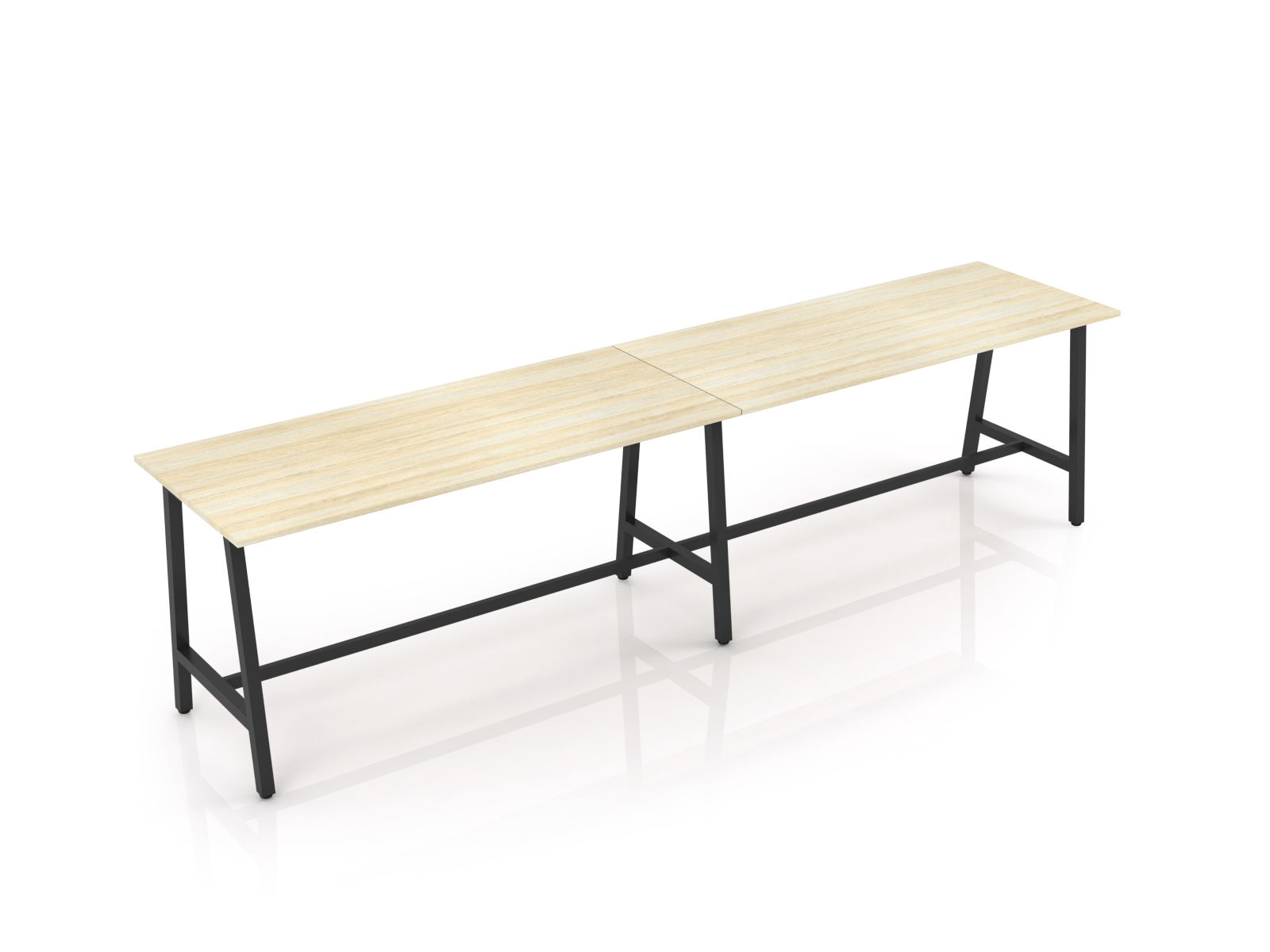 Trestle-6-Leg-Bar-Leaner-Black-2100-x-900-New-Oak-Top Trestle bar leaner with black frame and new oak melamine top.