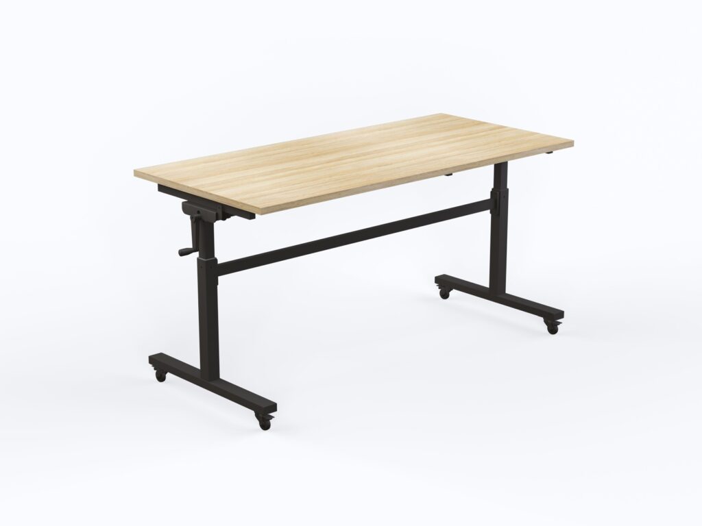 Axis height adjustable flip table with new oak melamine top.