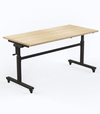 Axis height adjustable flip table with new oak melamine top.