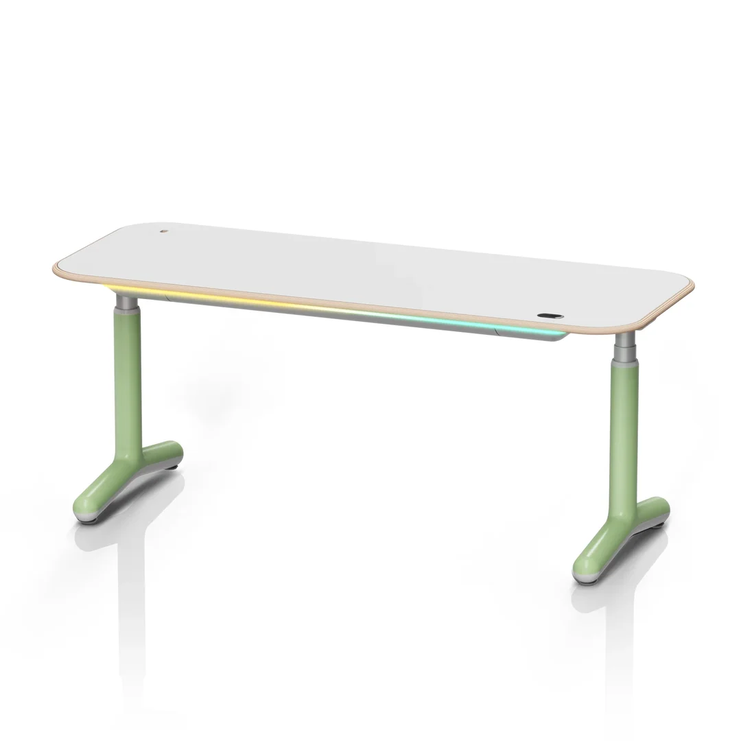 9am Dora Pro sit stand desk with white birch plywood top and green frame.