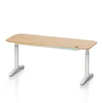 9am Dora Pro Sit Stand desk with American oak top and white frame.