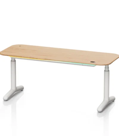 9am Dora Pro Sit Stand desk with American oak top and white frame.