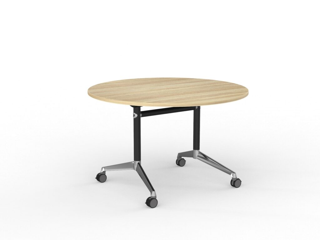 Modulus round flip table with black frame and new oak melamine top.