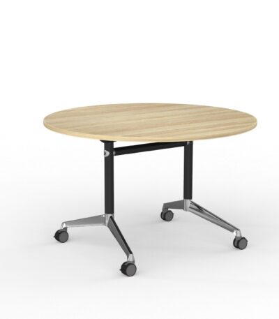 Modulus round flip table with black frame and new oak melamine top.