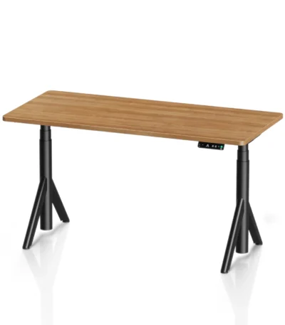 9am Robin Pro sit stand desk with walnut melamine top and black frame.