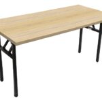 Rapid steel frame folding table with black frame and oak melamine top.
