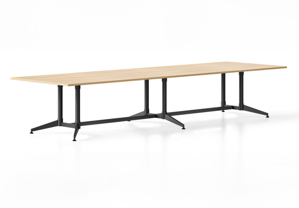 Typhoon 4000mm boardroom table with black frame and natural oak melamine top.