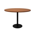 Estilo round meeting table 1200mm with cherry melamine top and black disc base.